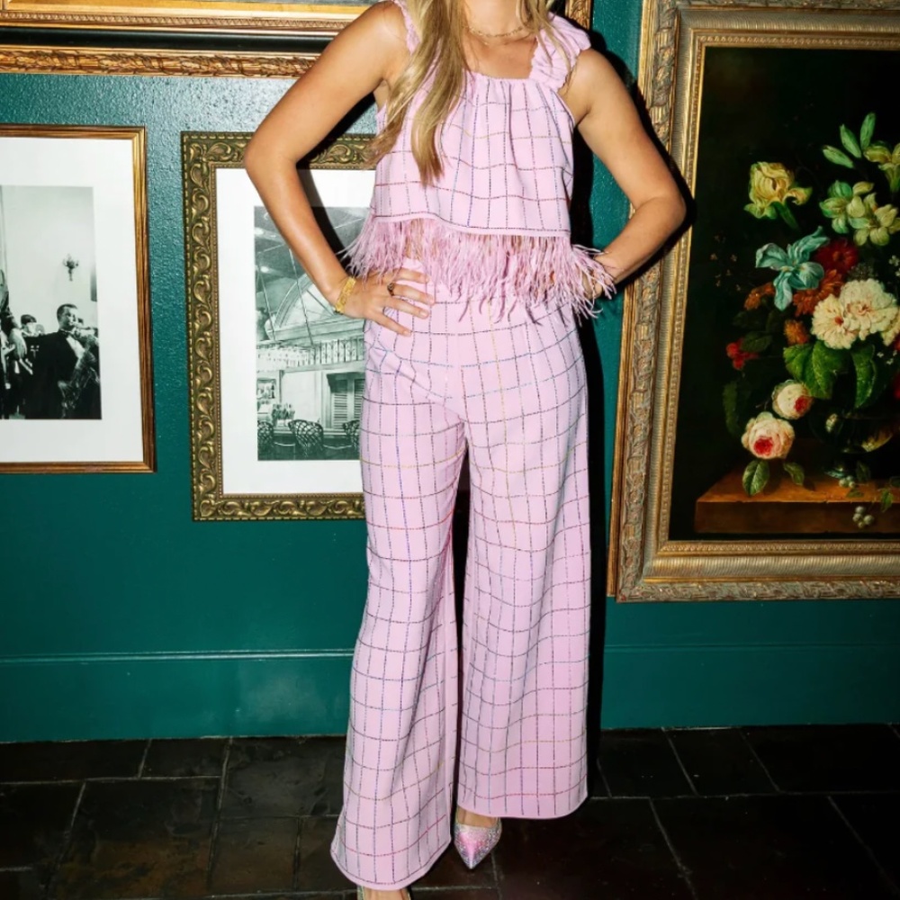 QUEEN OF SPARKLES Pink Windowpane Wide-Leg Jumpsuit with Feather Trim